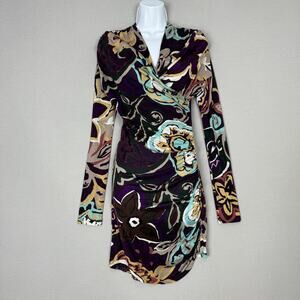 M Missoni Dress Womens Medium Purple Floral Abstract Ruched Faux Wrap Cocktail